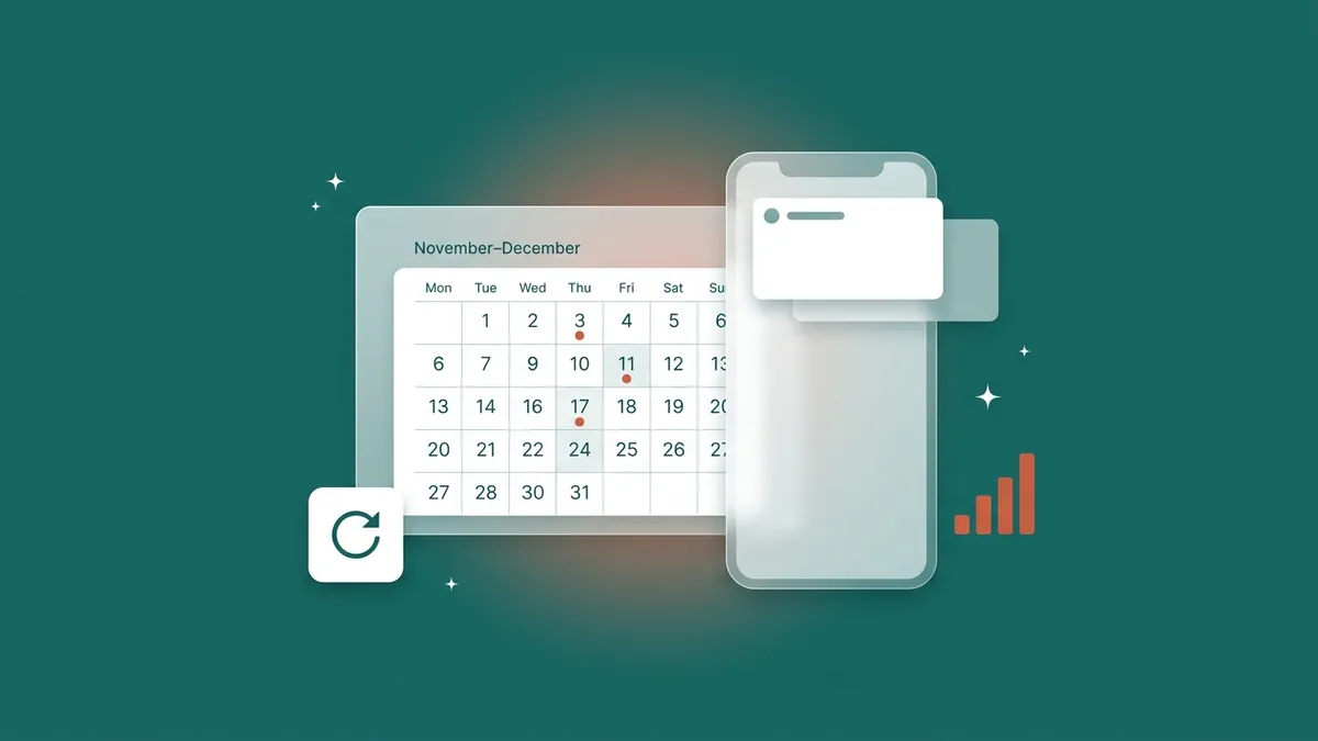 Flat-vector illustration of a frosted translucent November-to-December calendar panel with coral date dots and a white circular-arrow tile, beside a translucent phone whose header card is mid-swap with a second card sliding in behind it, plus a small coral bar chart ticking up, on a full-bleed deep teal panel