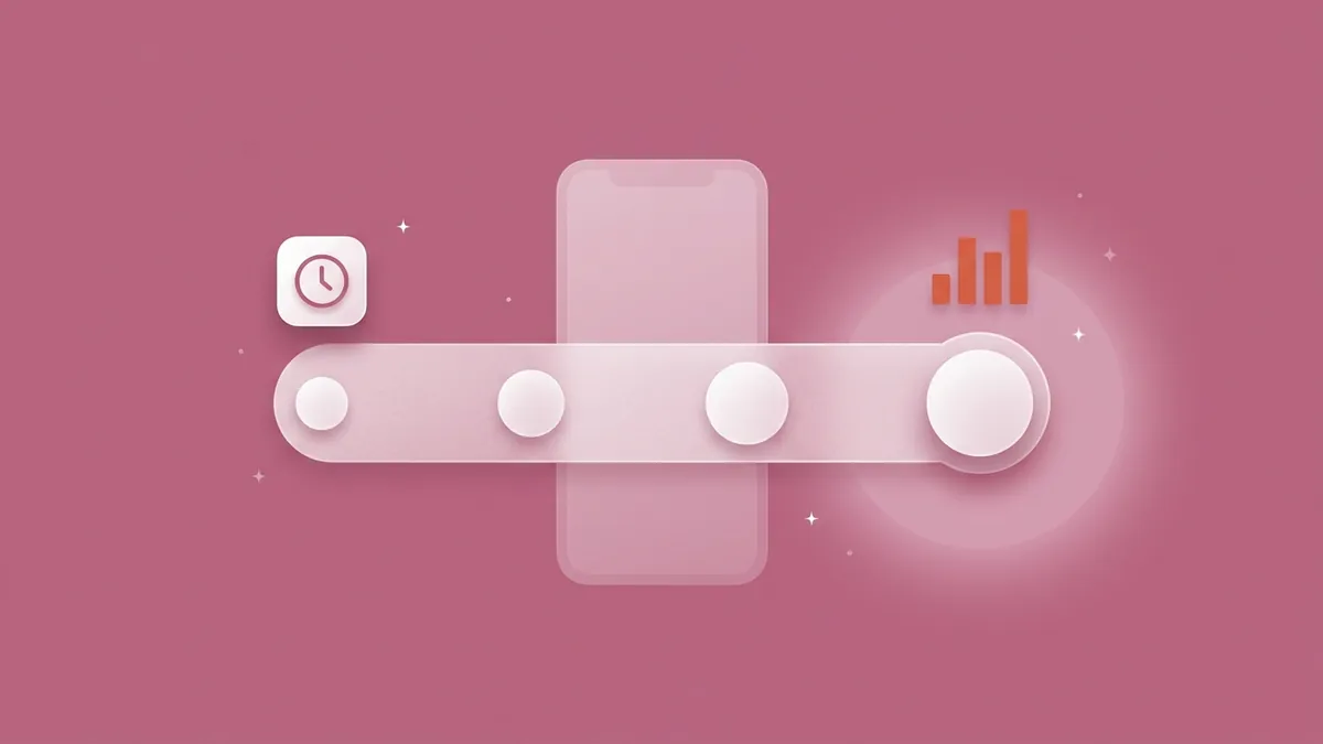 Flat-vector illustration of a frosted translucent timeline track with four milestone nodes growing from small to large, a rounded clock tile floating above the first node and a small coral bar chart rising from the last, with a faint phone listing card behind the track, on a full-bleed dusty-mauve panel