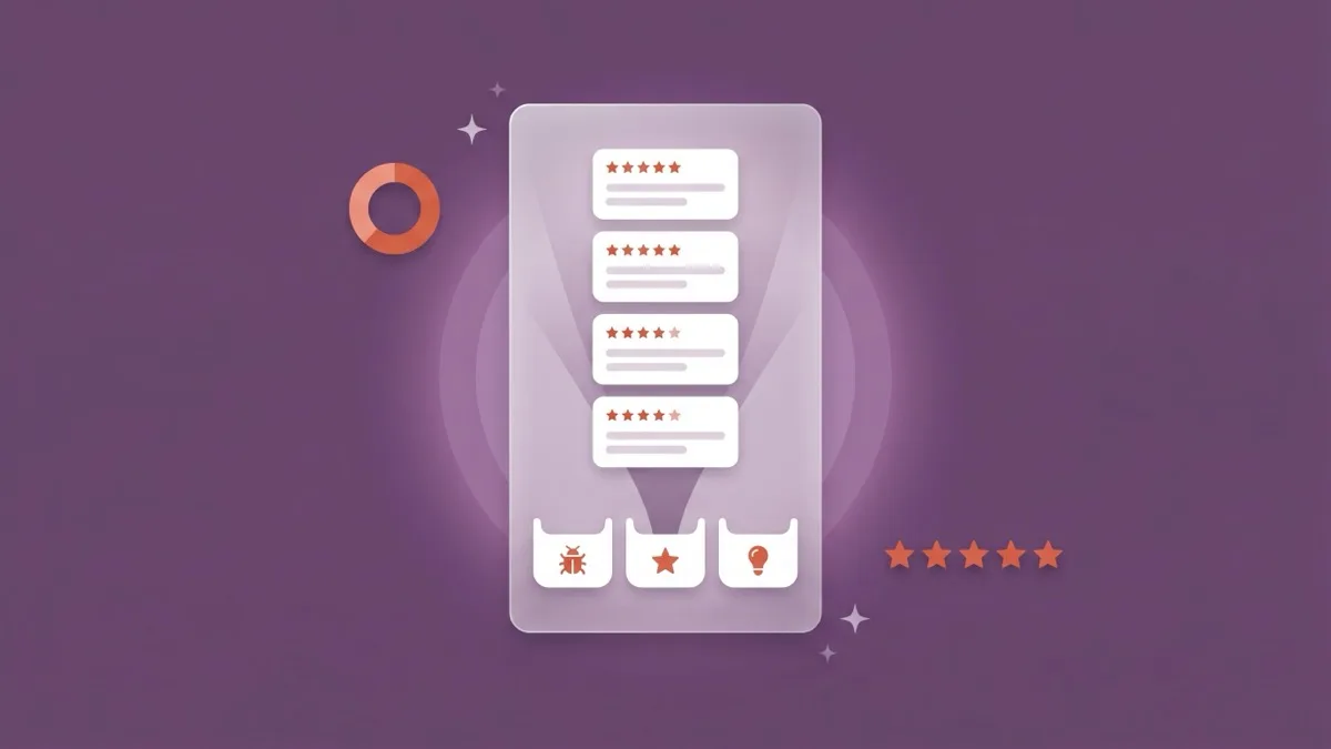 Flat-vector illustration of a translucent phone showing a stack of app review cards being sorted into labelled buckets, a coral donut chart and a five-star rating row floating beside it, on a plum panel