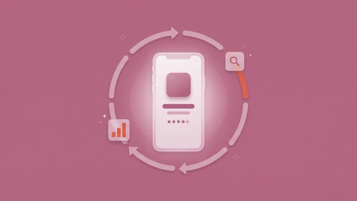 Flat-vector illustration of a translucent phone showing an app store listing at the centre of a circular arrow loop, with a small coral bar chart and a five-star rating row floating beside it, on a dusty-mauve panel