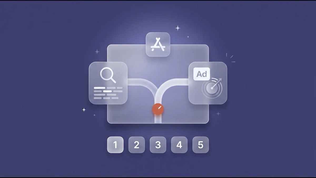 Flat-vector illustration of a translucent decision panel with a forked path between an ASO keyword tile and an Apple Ads bid tile, five numbered question cards and a coral selector dial below, and a floating app-icon tile above, on a deep-indigo panel