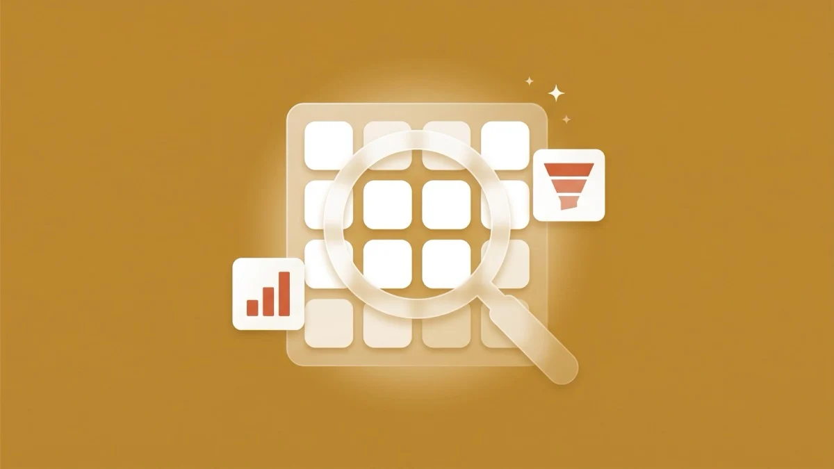 Flat-vector illustration of a translucent magnifying glass passing over a grid of app icons, a small coral bar chart and a TAM-SAM-SOM funnel tile floating beside it, on a golden-ochre panel
