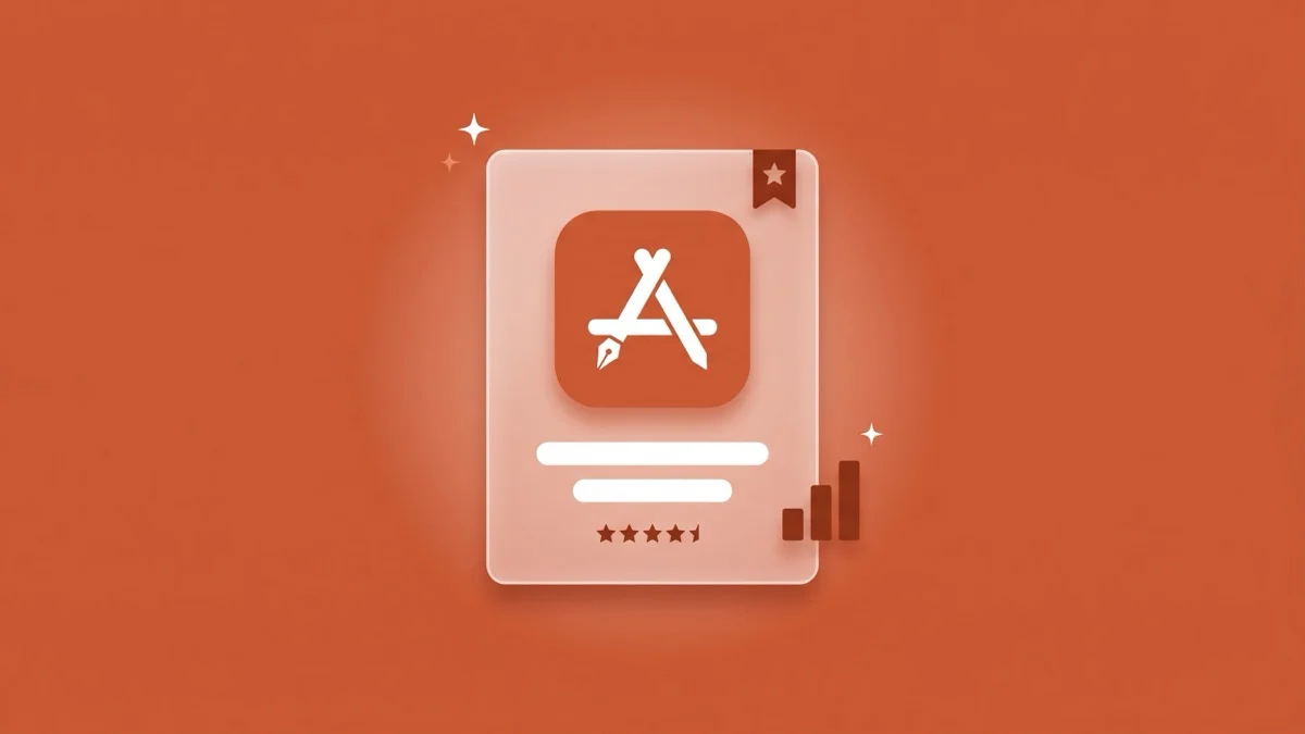 Flat-vector illustration of a translucent App Store Today-tab story card lifted into a spotlight with a featured star badge, a small coral bar chart beside it, on a dusty mauve panel