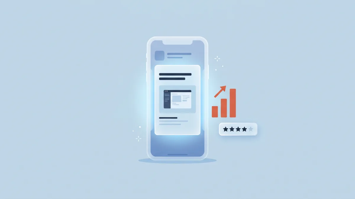 Flat-vector illustration of a translucent iPhone with its first app store screenshot glowing, a coral bar chart and rising trend arrow beside it, and a floating four-star rating tile, on a powder-blue panel
