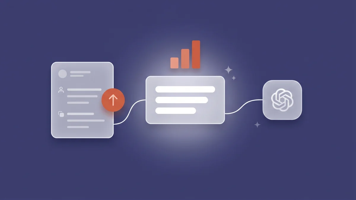 Flat-vector illustration of a translucent Reddit-style thread card with a coral upvote arrow flowing into an AI answer card and a rounded app-icon tile, a small coral bar chart floating beside them, on a slate-indigo panel