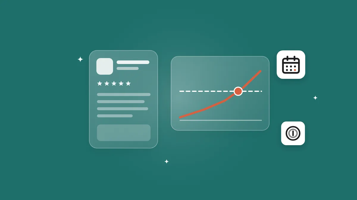 Flat-vector illustration of a translucent App Store listing beside a chart where a rising coral value line crosses a flat cost line at a payback point, with floating calendar and coin tiles, on a full-bleed deep teal panel