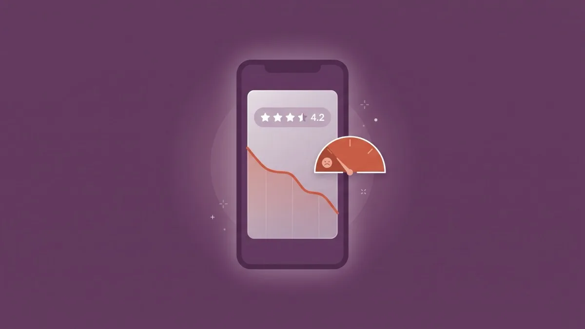Flat-vector illustration of a translucent phone showing a star rating frozen at 4.2 beside a falling sentiment trend line and a coral gauge dial, on a full-bleed plum panel