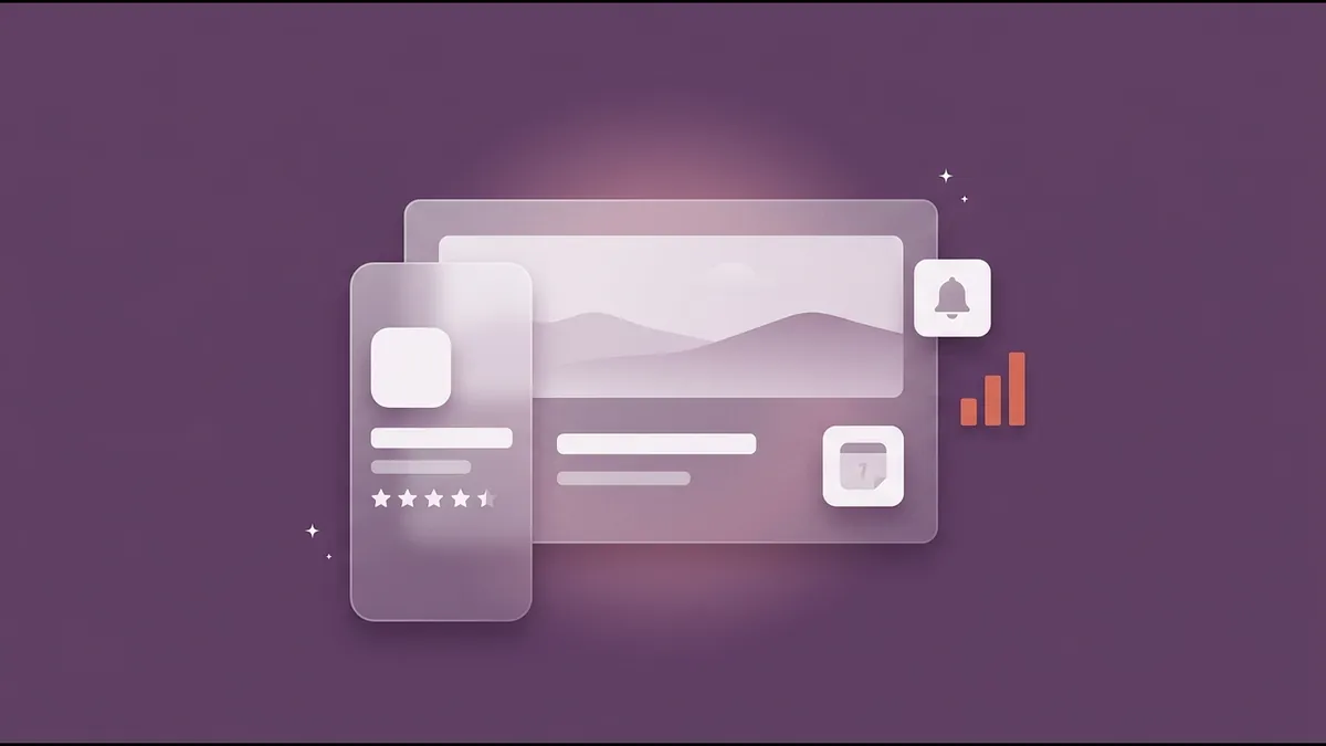 Flat-vector illustration of a frosted app listing card with a star rating in front of a wide frosted event card holding a rolling-hills image, text bars and a calendar tile, beside a floating bell tile and a small coral bar chart, on a full-bleed plum panel