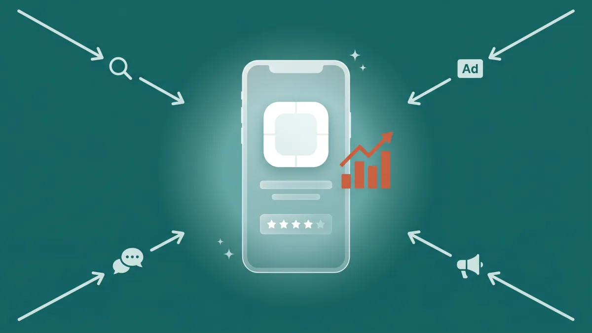 Flat-vector illustration of a translucent iPhone app store listing at the center with labeled channel arrows — search, ads, social, and PR — funneling into it, a small coral bar chart and a four-star rating tile floating beside it, on a deep-teal panel