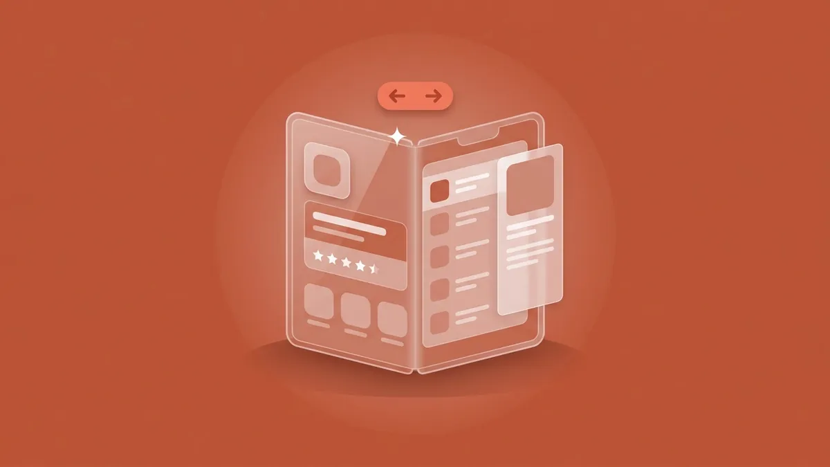 Flat-vector illustration of a translucent foldable phone standing half-open like a book, a compact app listing on the left pane and a two-column layout on the right, with a coral width-arrow pill above it, on a full-bleed terracotta panel
