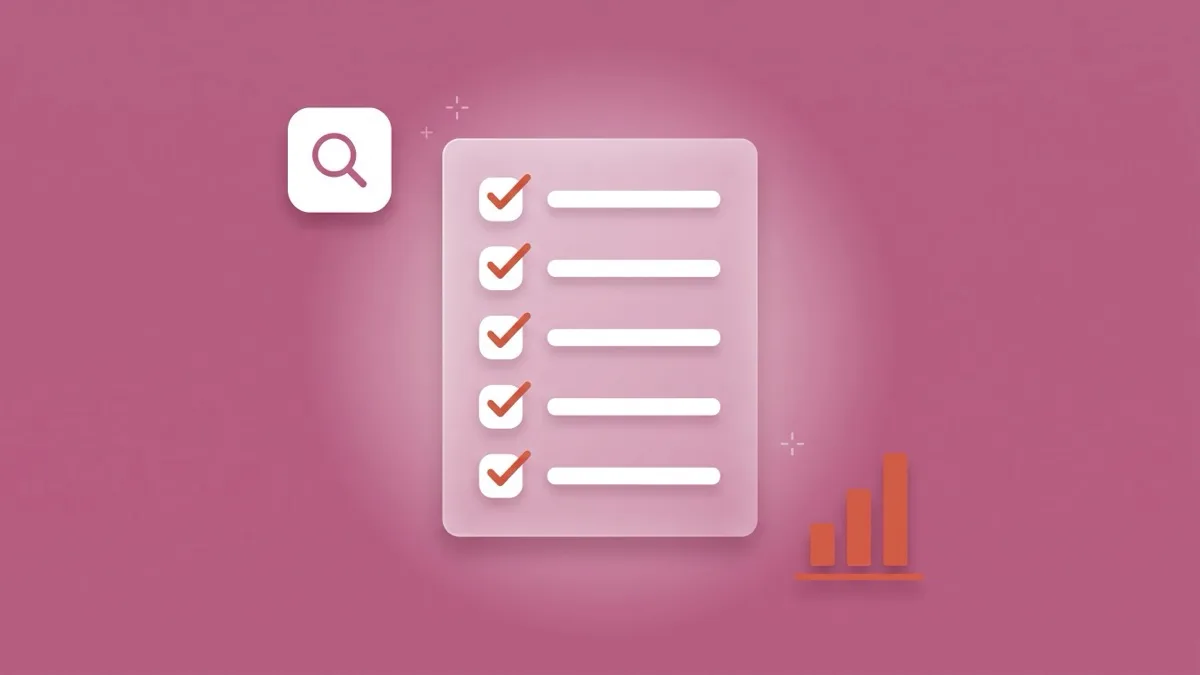 Flat-vector illustration of a translucent app-store dashboard panel holding a checklist of ticked feature rows, with a floating white search-magnifier tile and a small coral bar chart beside it, on a full-bleed dusty mauve panel
