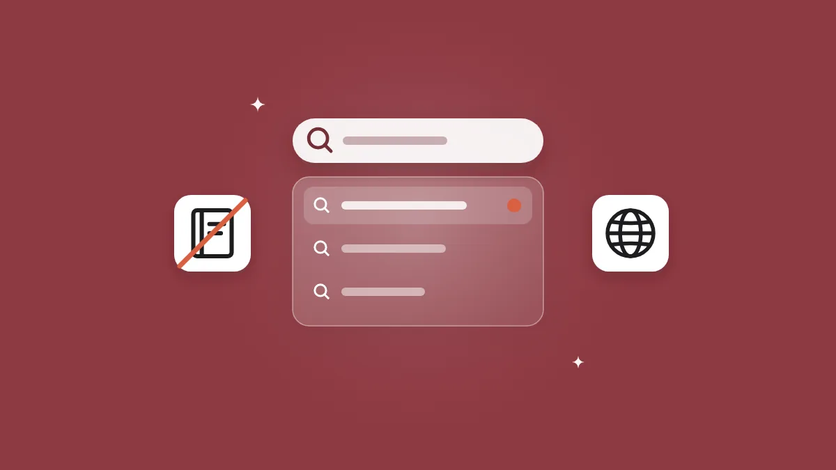 Flat-vector illustration of a translucent App Store search bar with an autocomplete dropdown whose top suggestion carries a coral dot, beside a struck-through dictionary card and a small globe tile, on a full-bleed burgundy panel