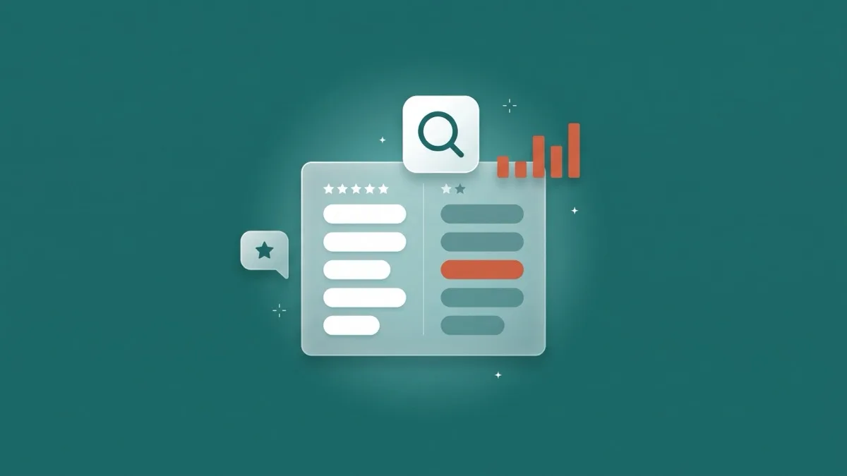 Flat-vector illustration of a translucent review-analysis panel with two columns of keyword pills — a five-star praise column in white and a one-star complaint column with one coral pill — a floating magnifier tile and a coral bar chart, on a full-bleed deep teal panel