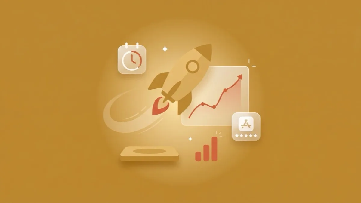 Flat-vector illustration of a rocket lifting off a launchpad beside a translucent panel showing a rising app-install curve and a countdown-calendar tile, with a small coral bar chart, on a golden ochre panel