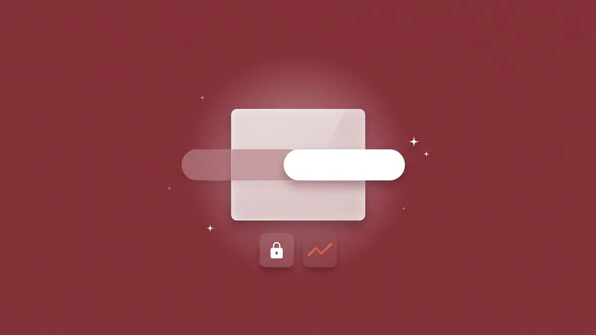 Flat-vector illustration of a translucent App Store listing card whose name-tag pill is mid-swap, a faded old tag sliding out to the left and a crisp white new tag sliding in, with a small padlock tile under the card and a tiny coral line chart holding flat and steady beside it, on a full-bleed burgundy panel