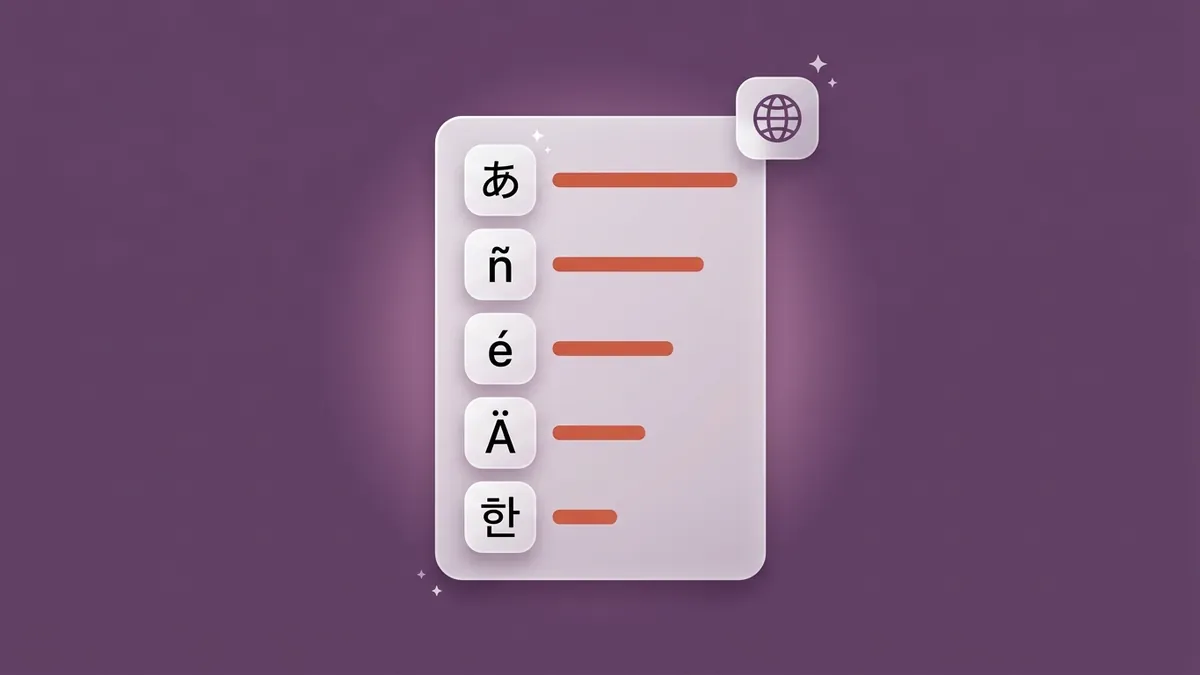 Flat-vector illustration of a frosted leaderboard ranking five language tiles with coral score bars and a floating globe tile, on a full-bleed plum panel