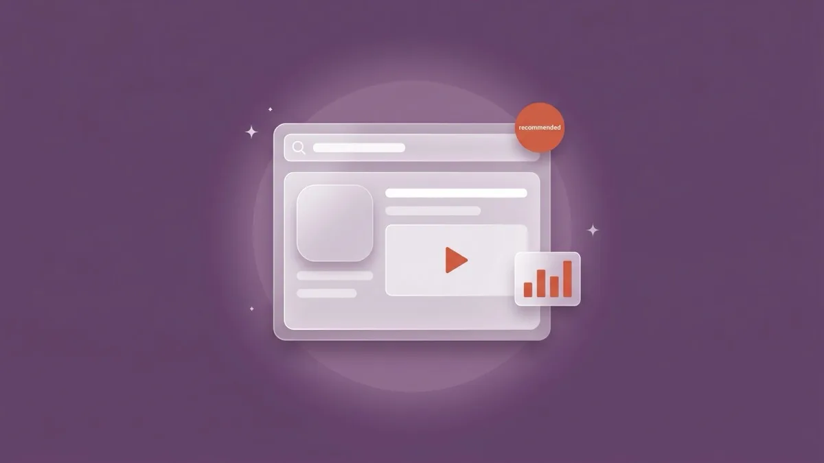 Flat-vector illustration of a translucent App Store search result card with a small play-triangle header video frame and a coral recommended badge, a small coral bar chart floating beside it, on a plum panel